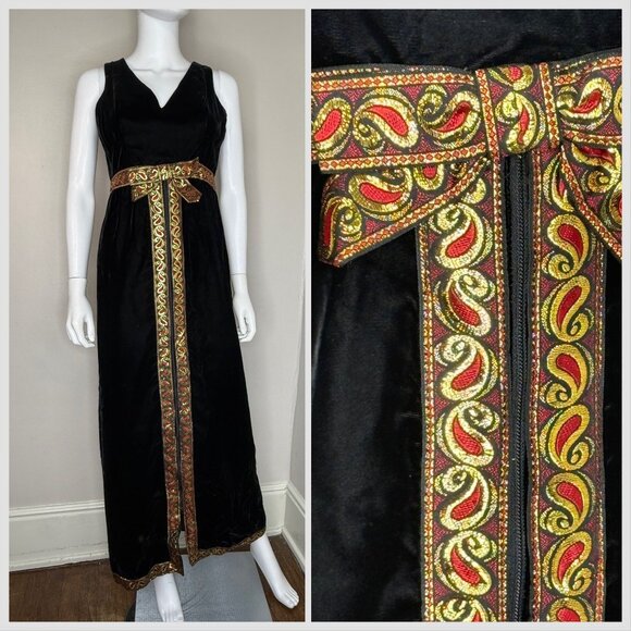 Vintage Dresses & Skirts - Vintage 1960s Black Velvet Maxi Dress Metallic Gold & Red Ribbon Trim Size Small